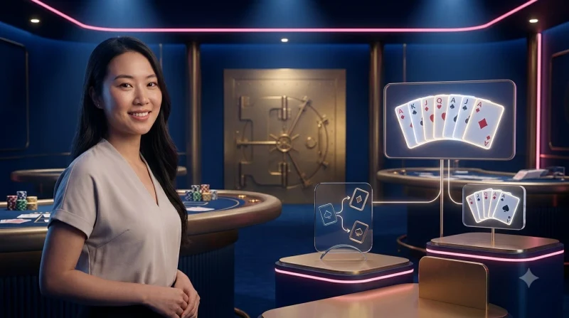 nguoi-choi-cam-bai-poker-tren-ban-casino-tai-tg88-voi-anh-sang-xanh-va-vang-sang-trong Người chơi cầm bài poker trên bàn casino tại TG88 với ánh sáng xanh và vàng sang trọng