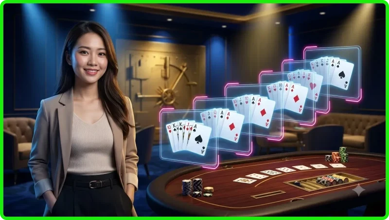 nguoi-choi-cam-bai-poker-tren-ban-casino-tai-tg88-voi-anh-sang-xanh-va-vang-sang-trong Người chơi cầm bài poker trên bàn casino tại TG88 với ánh sáng xanh và vàng sang trọng